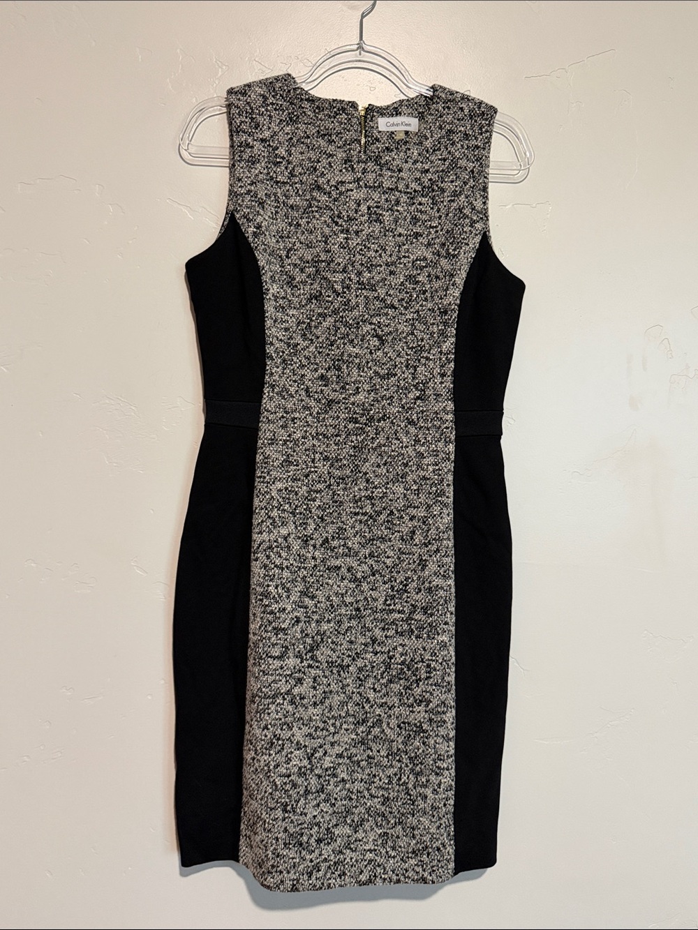 Calvin Klein Black and Gray Tweed Sheath Dress with Side Panels